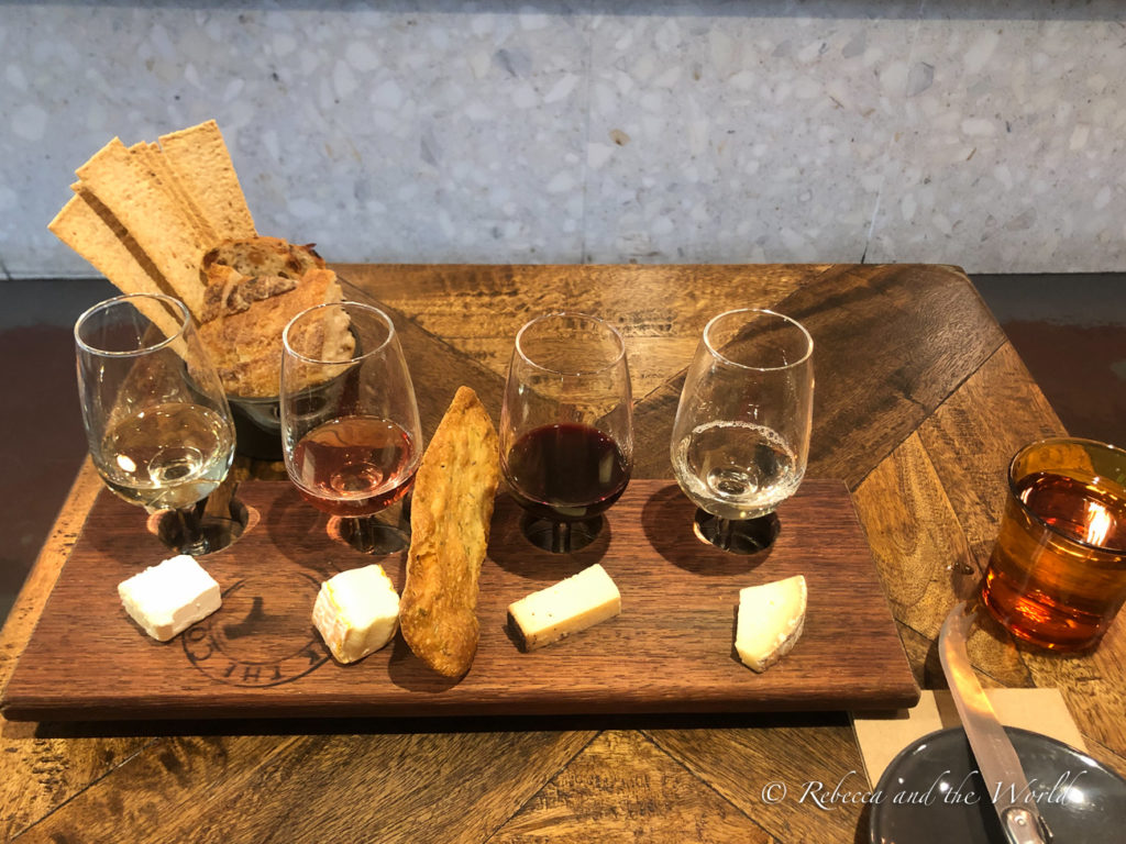 A wine and cheese flight from Milk the Cow in Carlton, one of the best fromageries in Melbourne