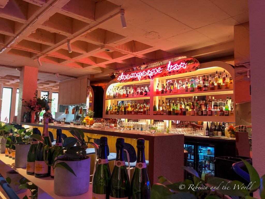 The fun pink interior at champagne and lobster bar, Pinchy's one of the most fun restaurants in Melbourne