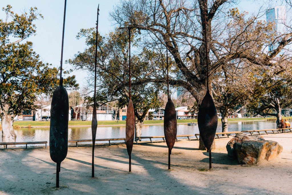 Wander along Birrarung Marr to see Aboriginal art in Melbourne, including the five shields representing the five language groups of the Kulin Nation