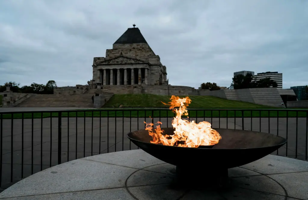 A eternal flame at the Shrine of Remembrance. Commemorate ANZAC Day during a visit to Melbourne.
