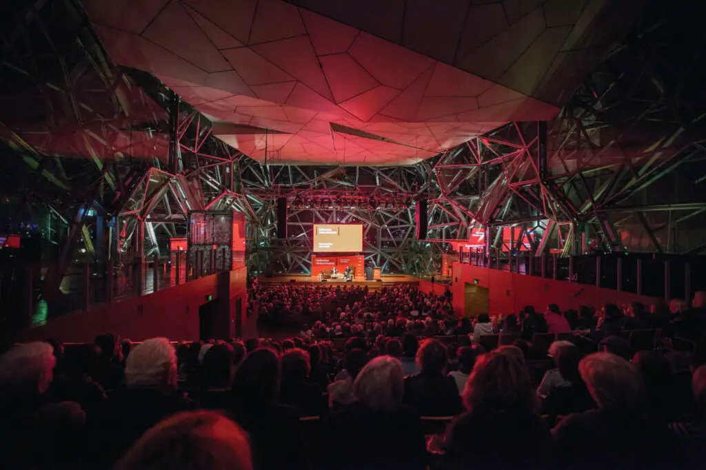 Inside Fed Square for a discussion panel as part of the Melbourne Writers Festival.