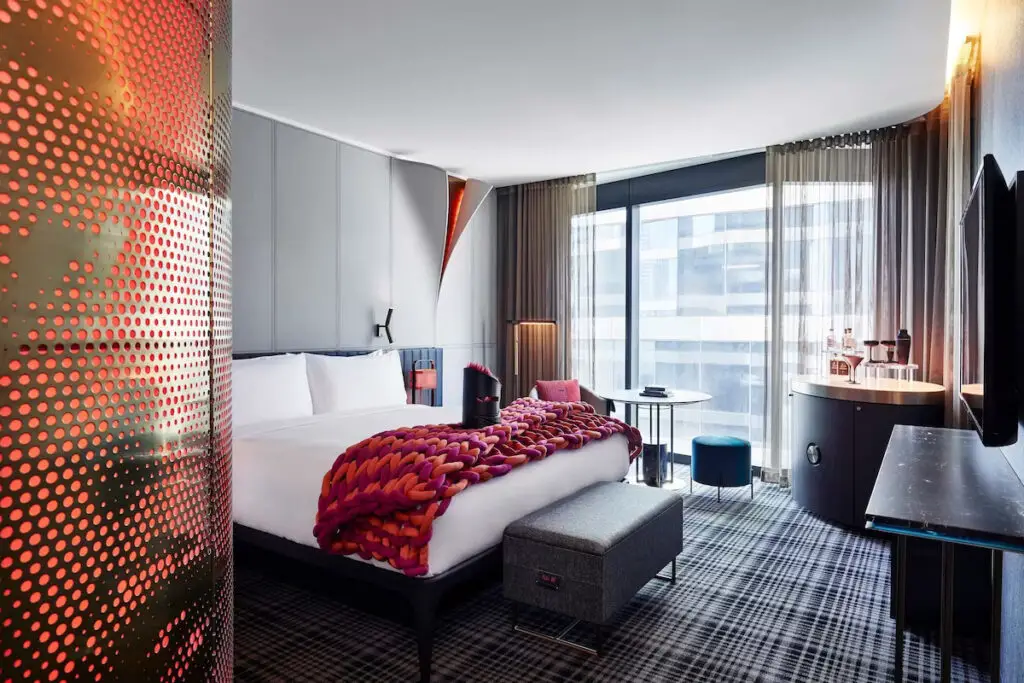 The rooms at the W Melbourne are stylish, funky with a pop of colour - it's one of the best 5-star hotels in Melbourne
