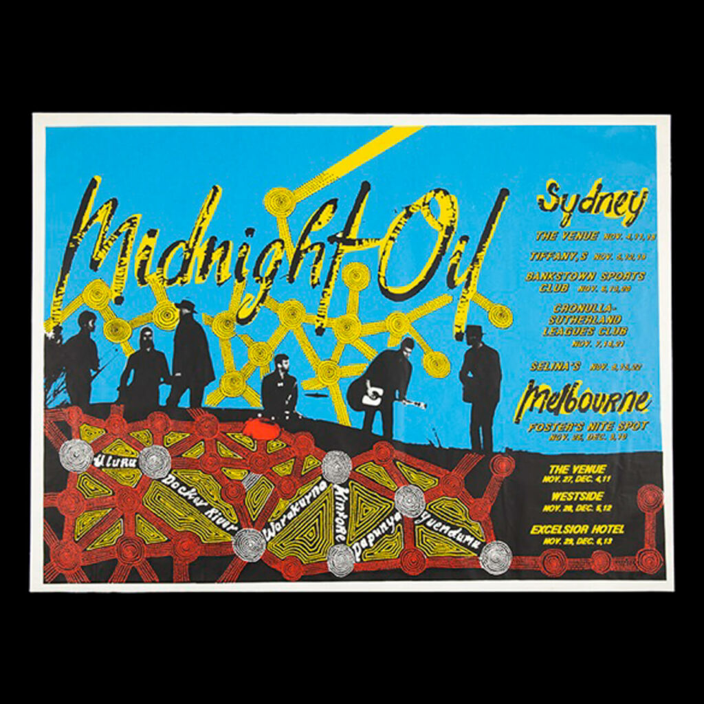 An exhibit at the Australian Music Vault, a Melbourne museum dedicated to music, shows a poster for a Midnight Oil concert