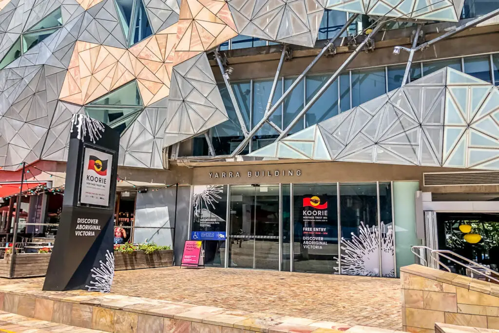 The outside of the Koorie Heritage Trust, which houses Indigenous artefacts in a building at Federation Square