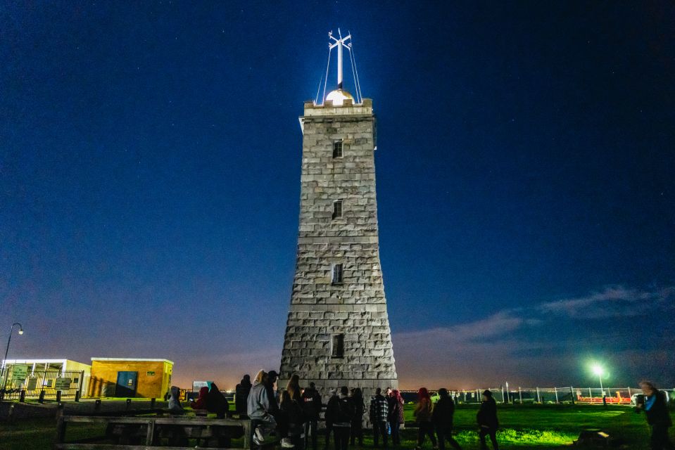 The operational time ball tower - a navigational aid - in Williamstown, Melbourne. The tall grey brick building has a light on top. It's one of the places visited on a ghost tour of Williamstown.