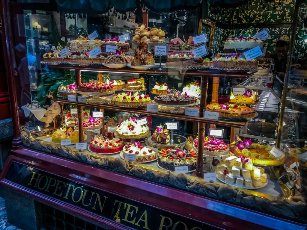 A window display of all the delicious treats at Hopetoun Tea Rooms in the Block Arcade in Melbourne. It's one of the best places for high tea in Melbourne.